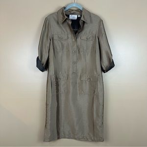 Linea By Louis Dell’Olio Metallic Green Roll Tab Sleeve Safari Shirtdress XS New